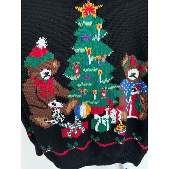 Vintage 90s Charter Club Teddy Bear w/ Chrismast Tree Sweater Size S Hand Knit - Picture 3 of 8